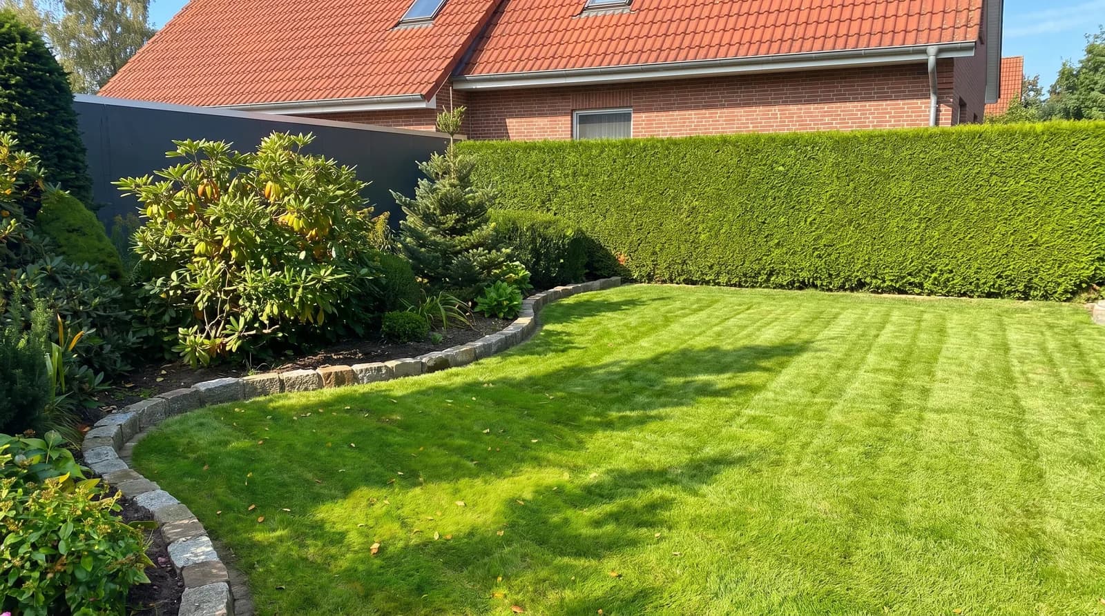 Gepflegter Rasen mit präzise geschnittener Hecke – Gartenpflege und Grundstücksservice